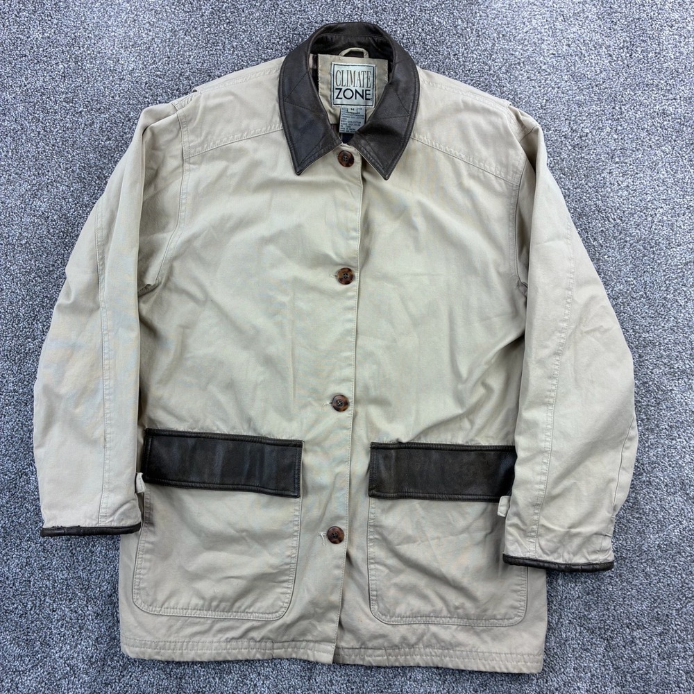 Vintage Climate Zone Barn Jacket Mens Medium Tan Cotton Leather Trim Plaid Lined